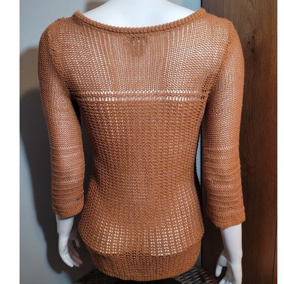 Lucky Brand Boho Crochet Sweater Brown Tie Neck Open Knit Semi Sheer Top Small - Picture 4 of 10